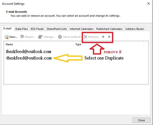 remove duplicate account in microsoft outlook