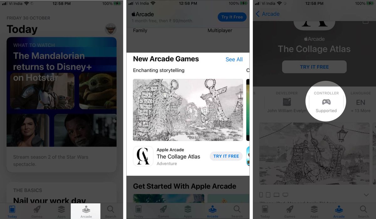 Klepnite na Arcade a klepnutím na Game skontrolujte podporu radiča v App Store na iPhone