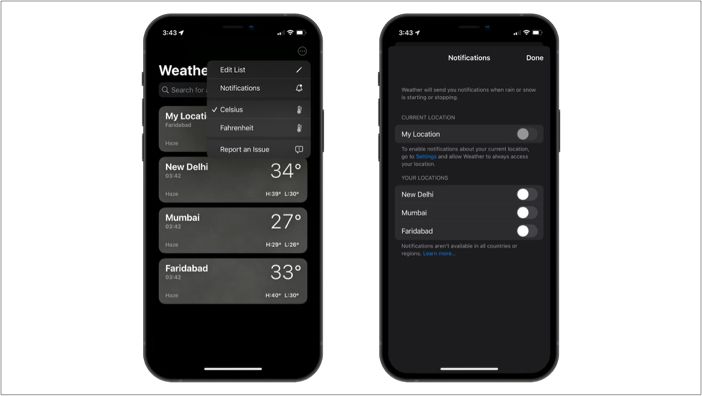 Lietaus ir sniego audros pranešimai „Weather“ programoje „iOS 15“