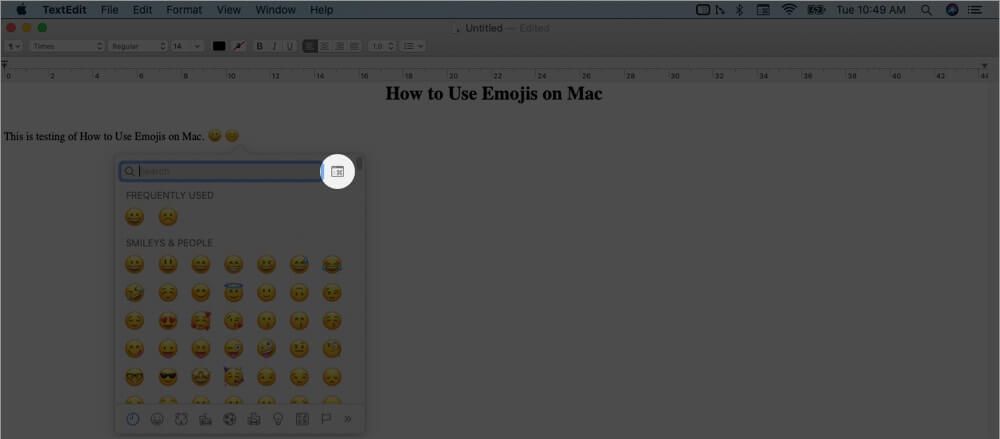 spustelėkite klaviatūros piktogramą „emojis“ klaviatūroje „Mac“