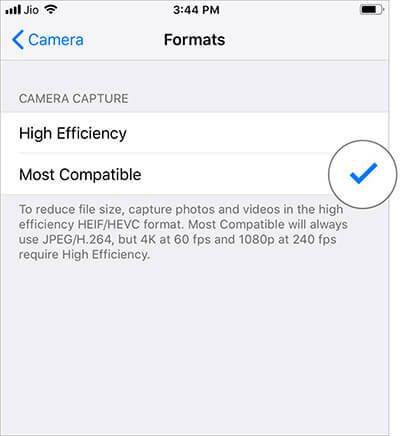 Velg Mest kompatibel for å ta JPEG-bilder i iOS 11 eller 12