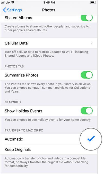 Velg Automatisk for å konvertere iPhone-bilder til JPEG når du overfører til Mac eller Windows PC