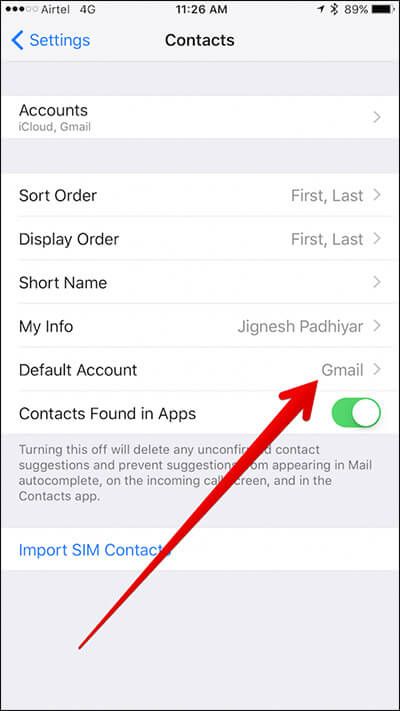 Trykk på Standardkonto i iPhone Kontakter Innstillinger