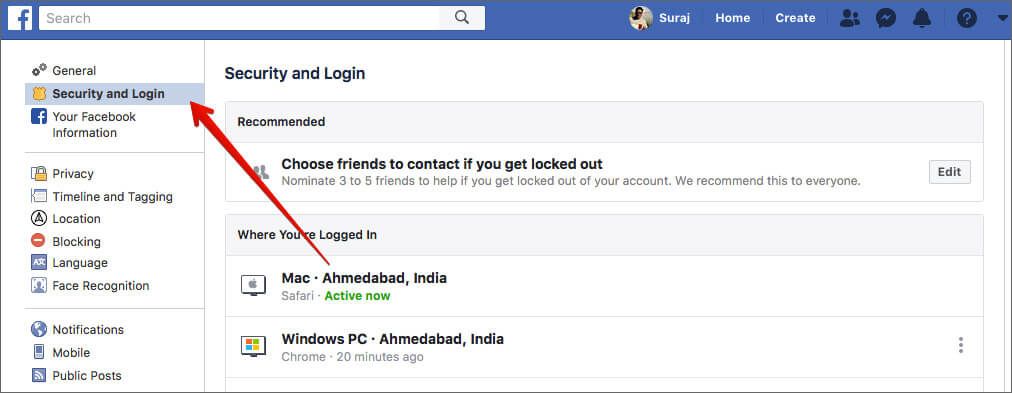 Klikk på Sikkerhet og logg inn i Facebook-kontoinnstillinger på datamaskinen