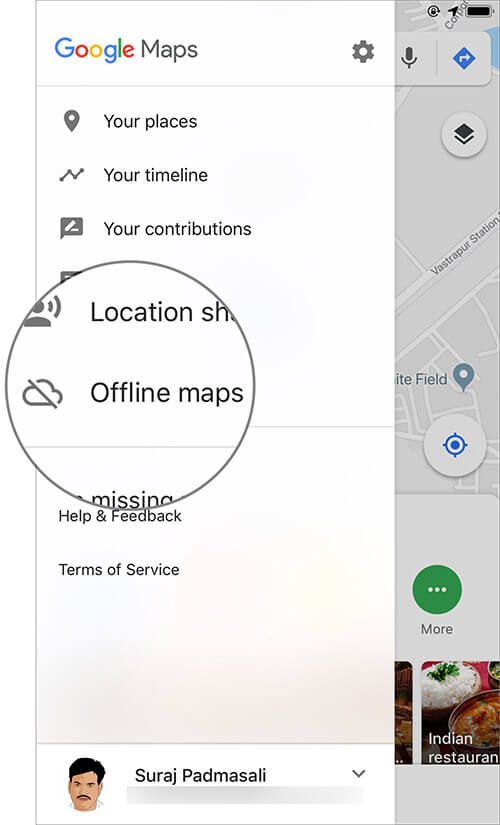 Klepnite na Offline mapy v ponuke Google Maps