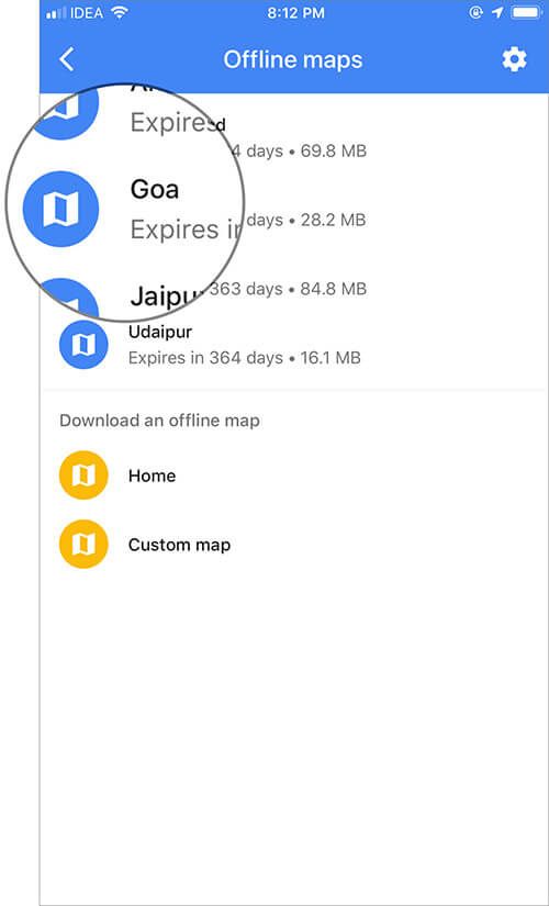 Velg det frakoblede kartområdet du vil slette i Google Maps-appen