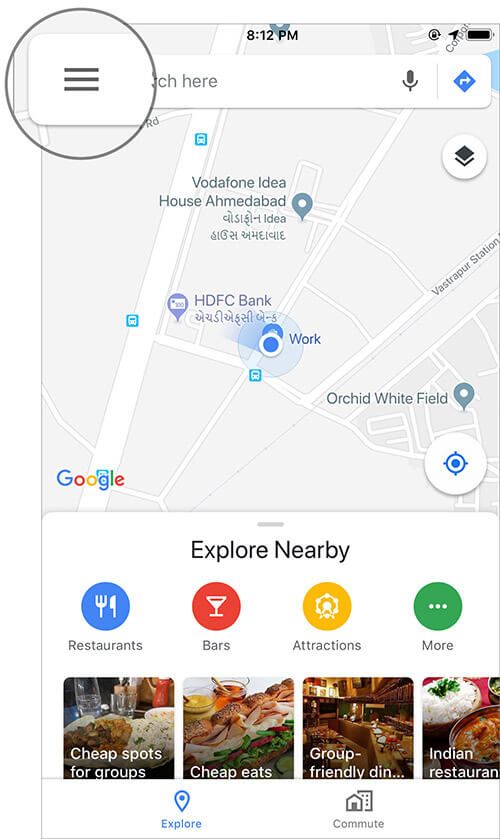 Trykk på menyknappen i Google Maps-appen