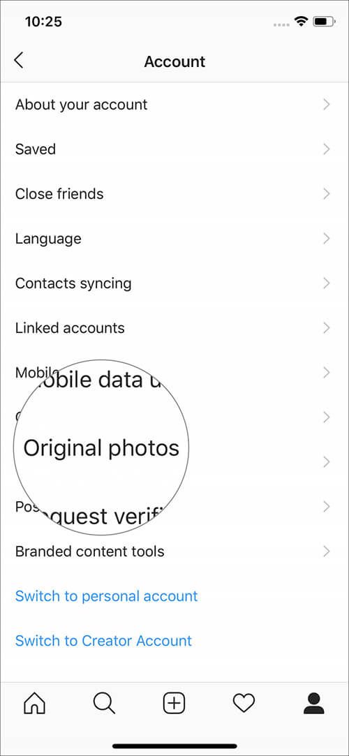 IPhone konta Instagram lietotnes konta iestatījumos pieskarieties Sākotnējie fotoattēli