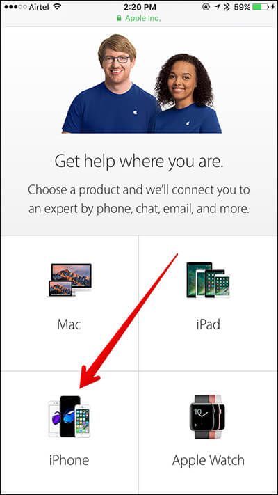 Apple सपोर्ट वेबसाइट में iPhone चुनें
