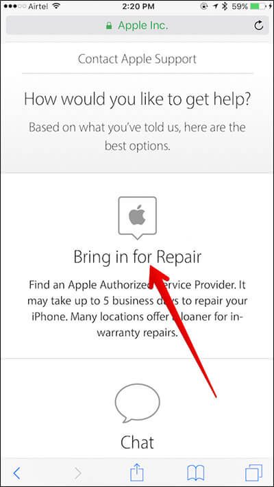 „IPhone“ „Apple“ palaikymo puslapyje palieskite „Remontas“