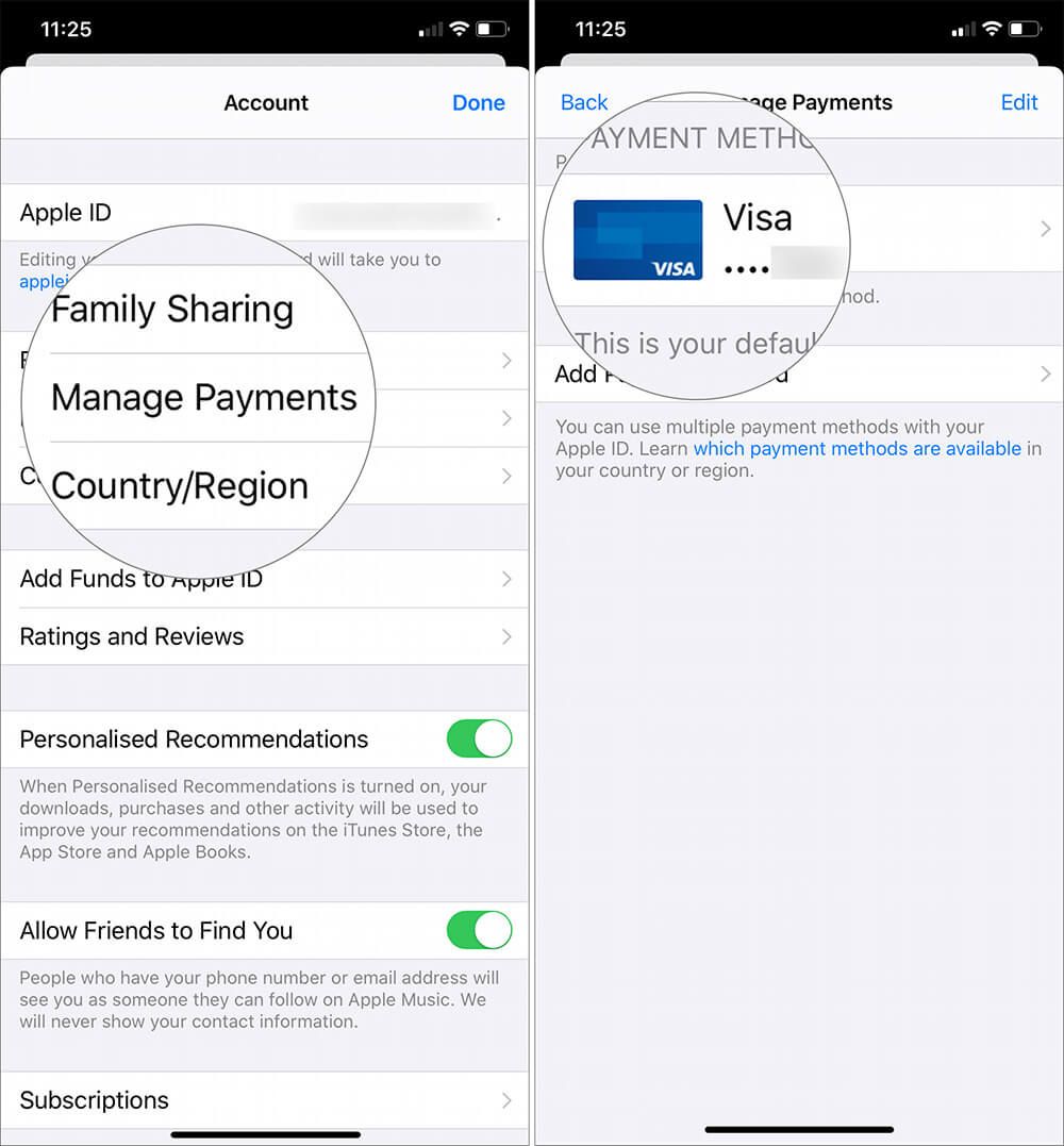 Trykk på Administrer betalinger for å fjerne kredittkort fra Apple ID på iPhone
