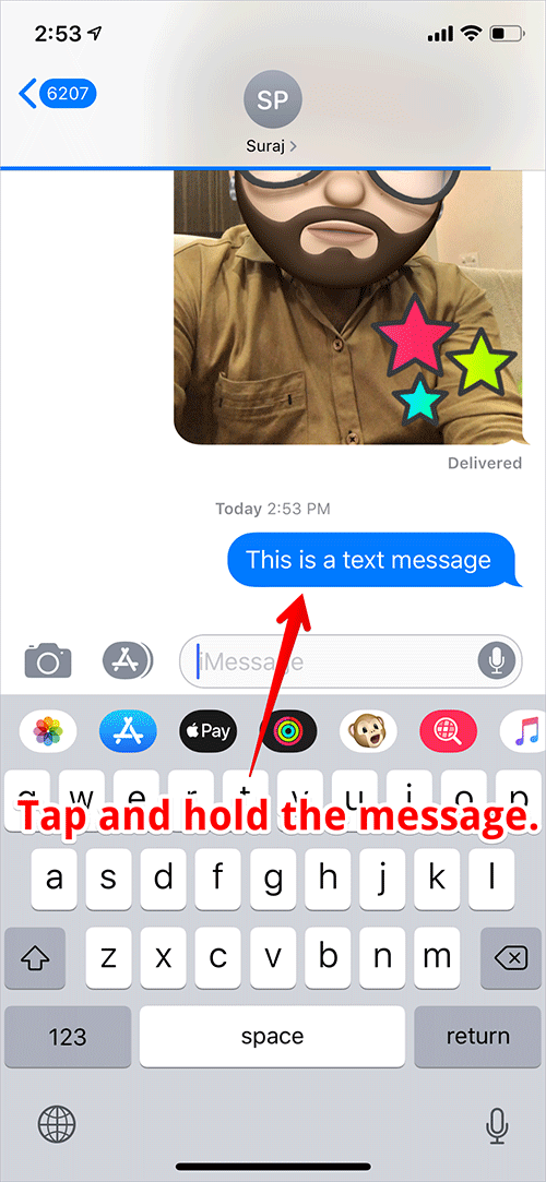 Pritisnite in pridržite sporočilo v iPhonu