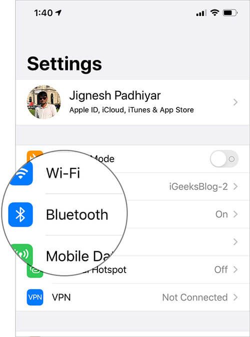 „IPhone“ nustatymuose palieskite „Bluetooth“