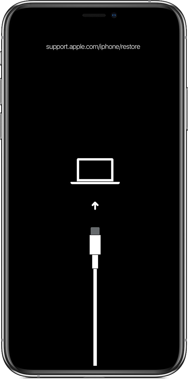 Svart iPhone-skärm för återställningsläge med en kabel som pekar mot en bärbar dator