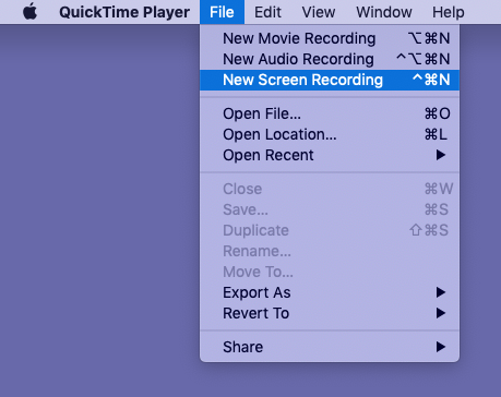Obriu QuickTime Player, feu clic a Fitxer i trieu Nova gravació de pantalla