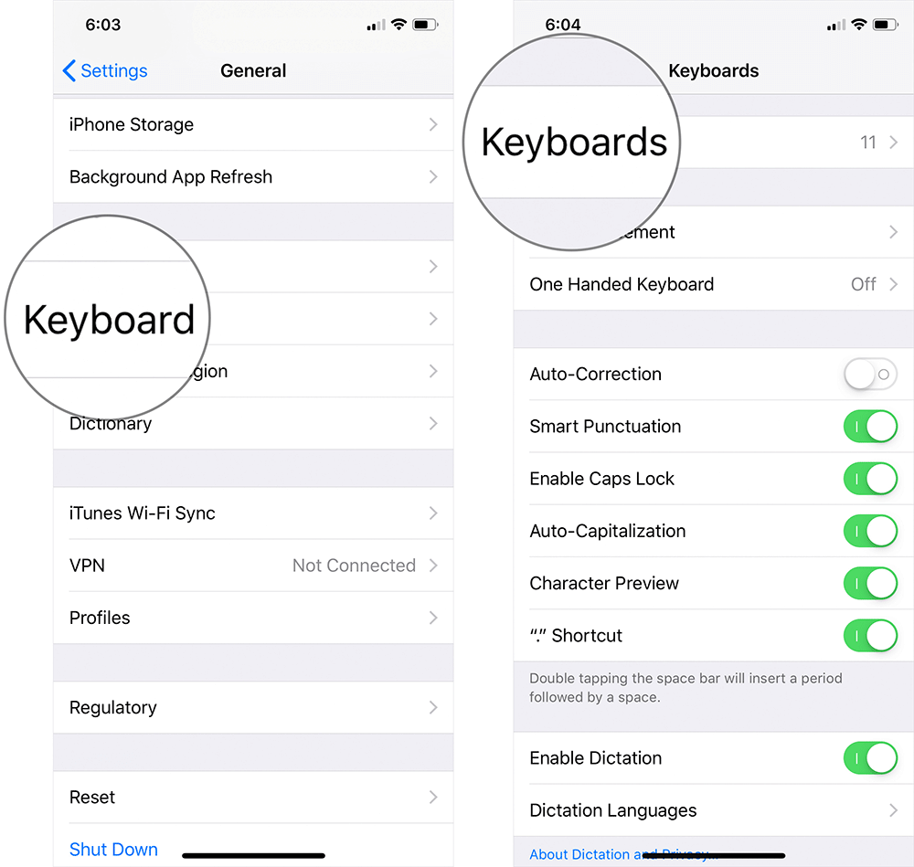 Trykk på Tastatur og deretter Tastatur på iPhone eller iPad Innstillinger
