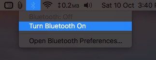 „Mac“ sistemos nuostatų meniu juostoje įgalinkite Rodyti „Bluetooth“