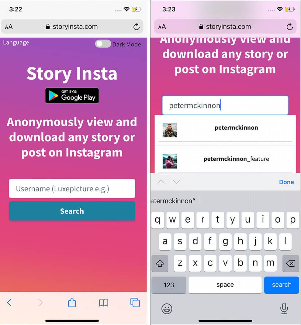 Aneu al lloc web StoryInsta amb un nom d’usuari per escriure històries d’Instagram