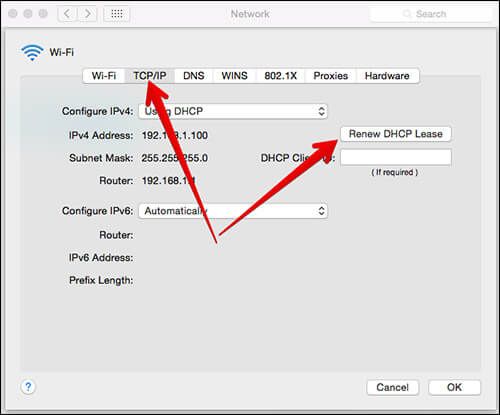 Klikk på Forny DHCP-leasing i nettverksinnstillinger i Mac-systemvalg