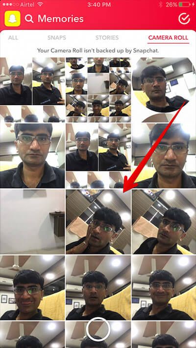 Velg Foto fra iPhone Camera Roll i Snapchat på iPhone