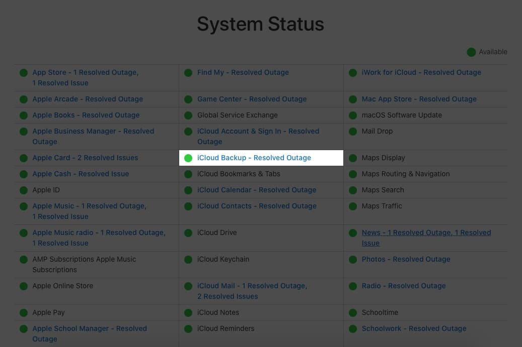 Sjekk iCloud Backup System fungerer på Apple System Support Page