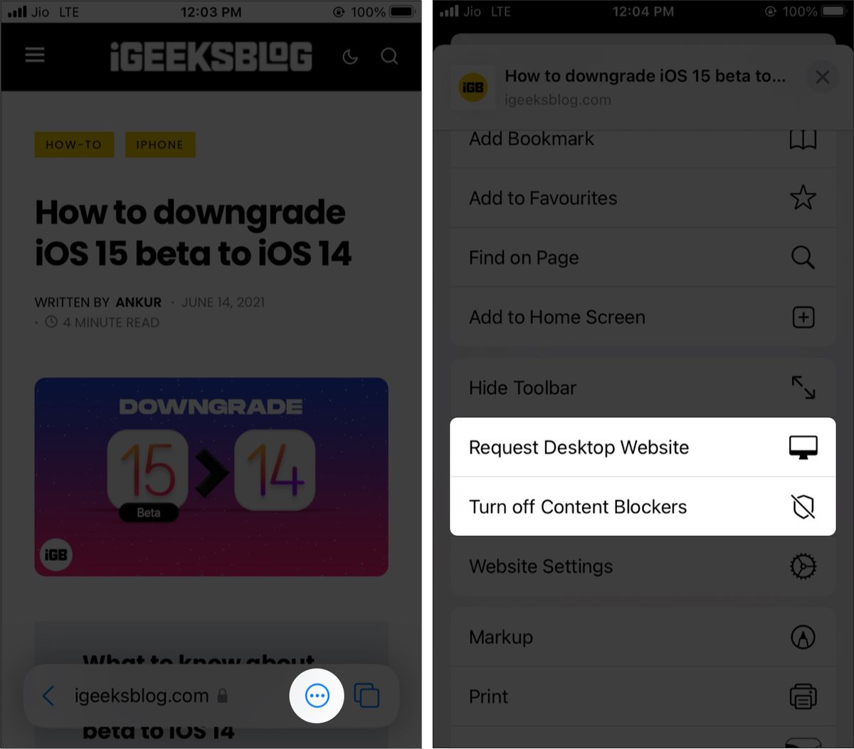 Be om skrivebordsnettsted og slå av innholdsblokkere i iOS 15 Safari