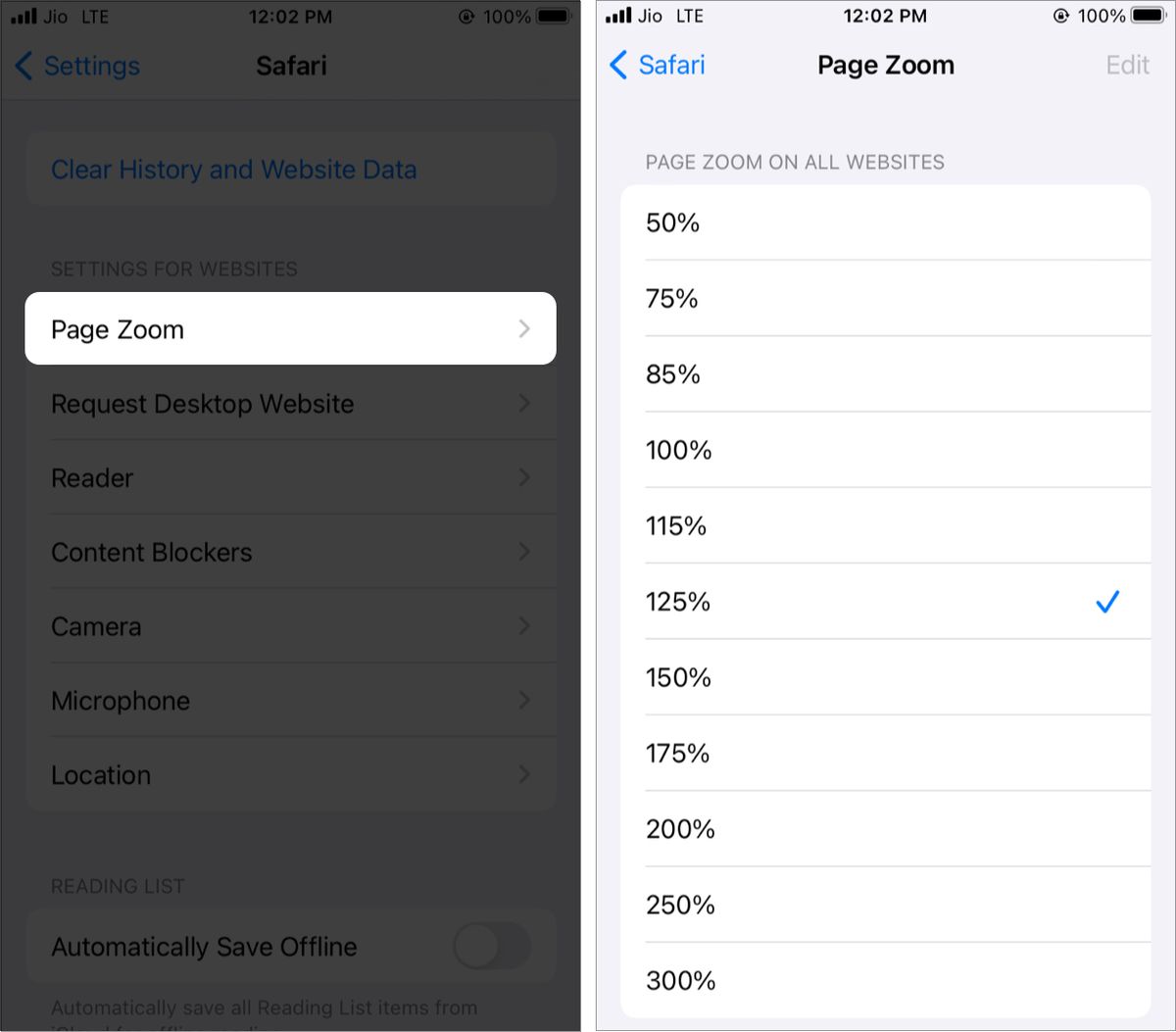 Sidezoominnstillinger for nettsteder i Safari på iOS 15