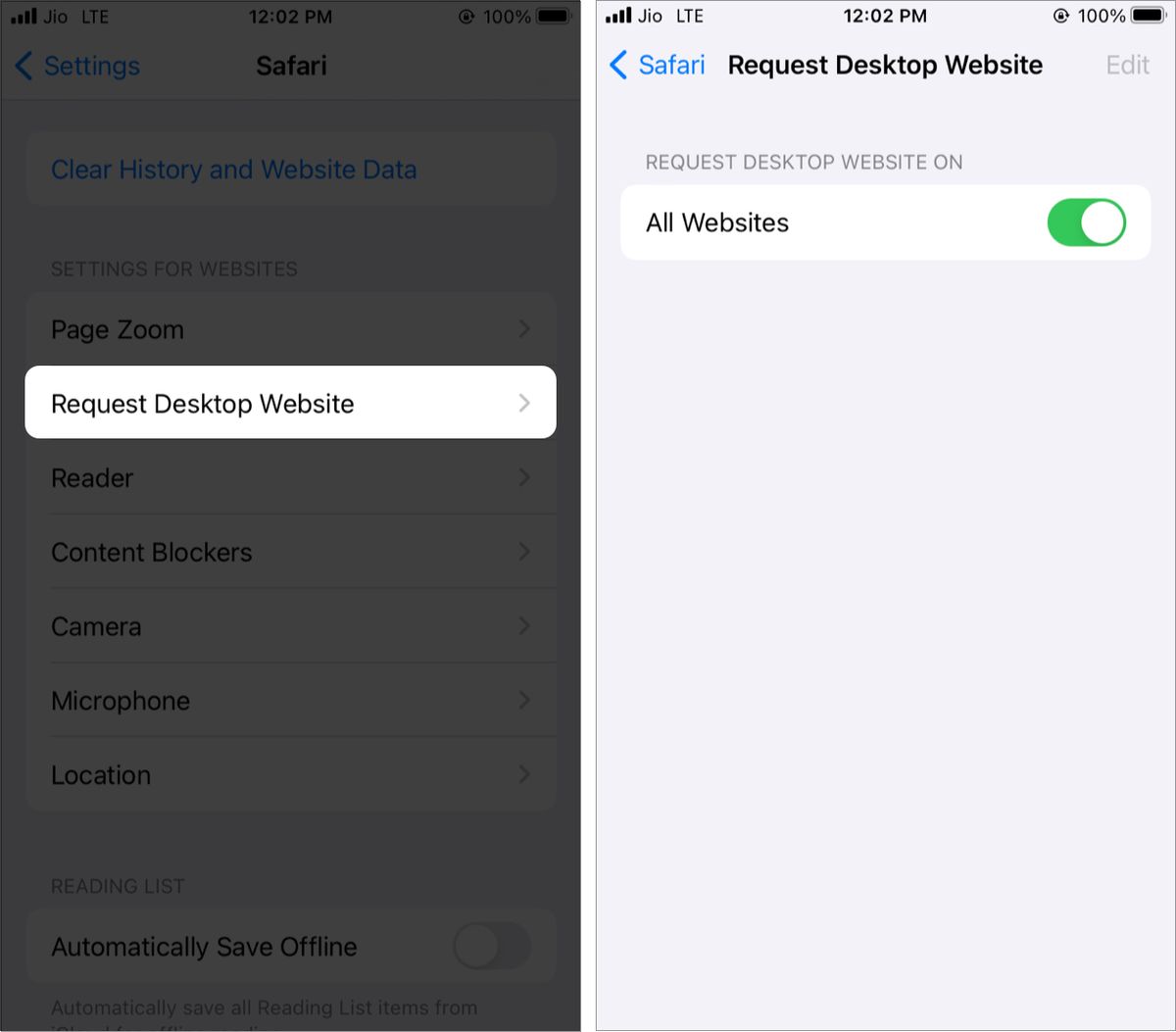 Be om innstillinger for stasjonære nettsteder for nettsteder i Safari på iOS 15