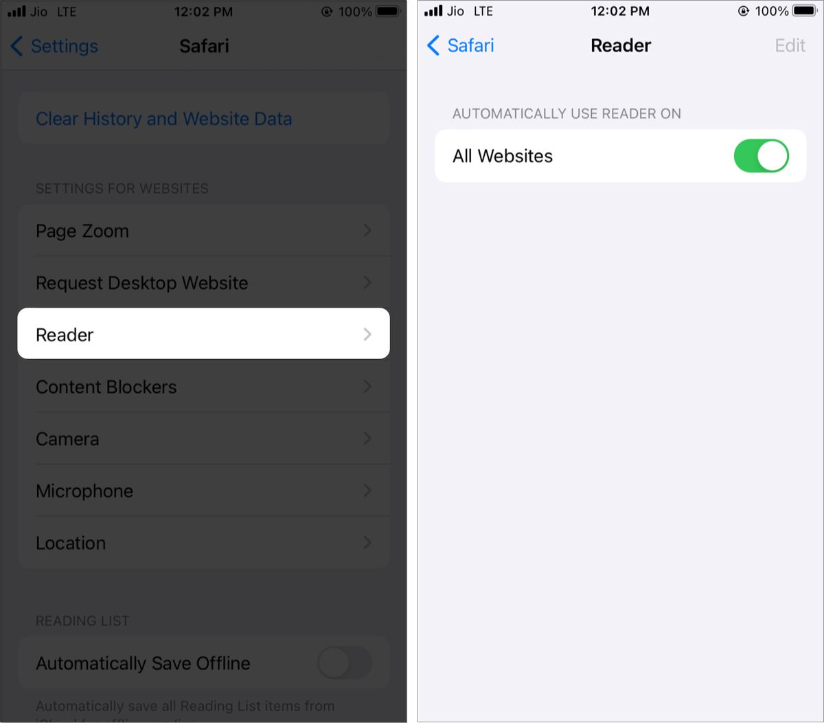 Configuració del lector per a llocs web de Safari a iOS 15