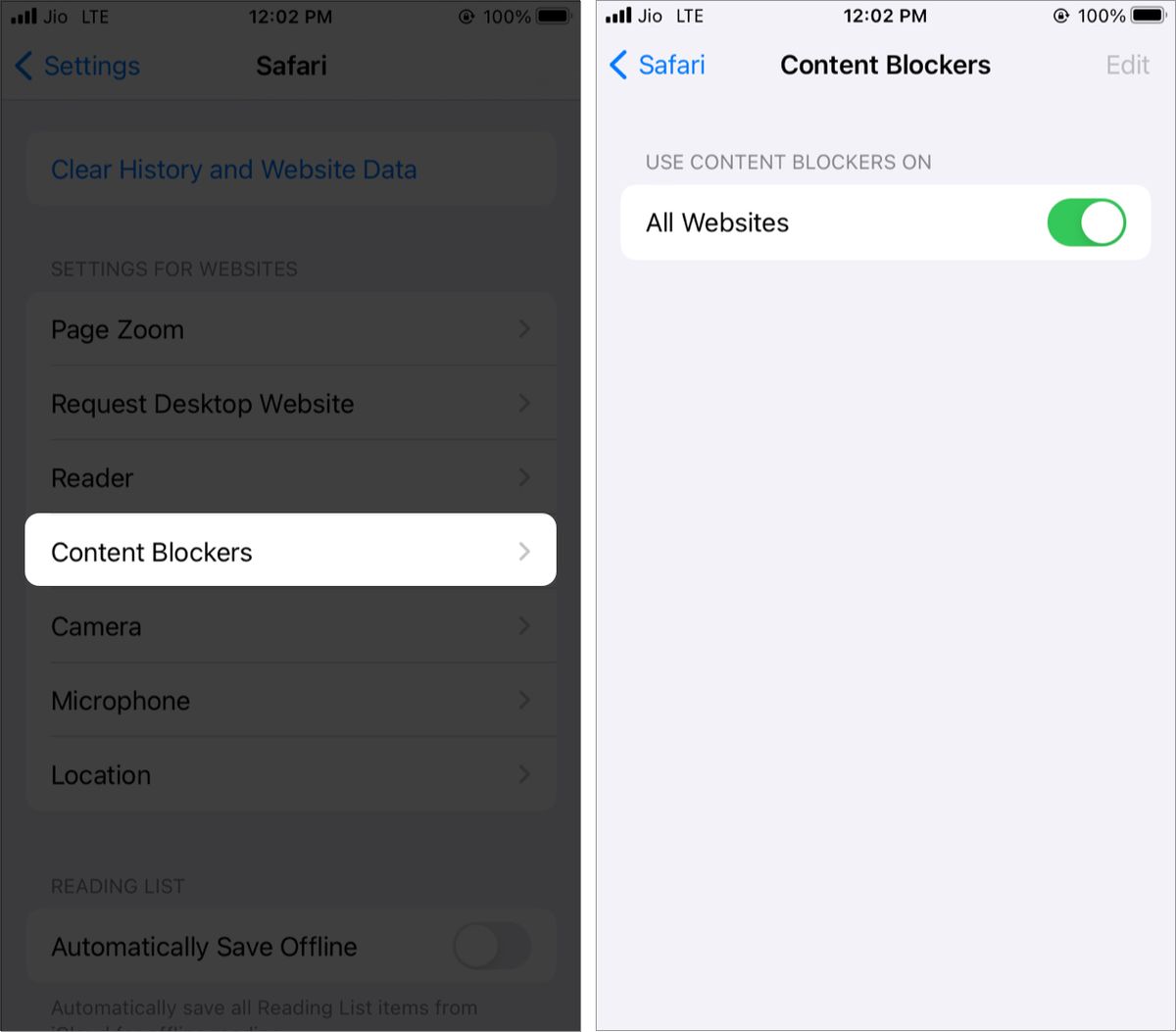 Innholdsblokkere Innstillinger for nettsteder i Safari på iOS 15
