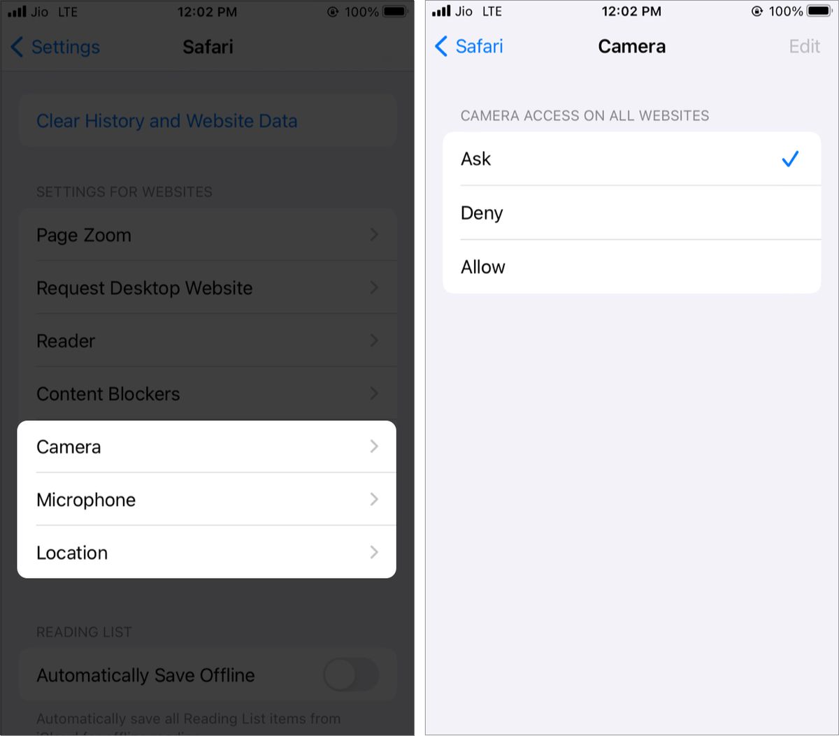 Kameramikrofonplasseringsinnstillinger for nettsteder i Safari på iOS 15