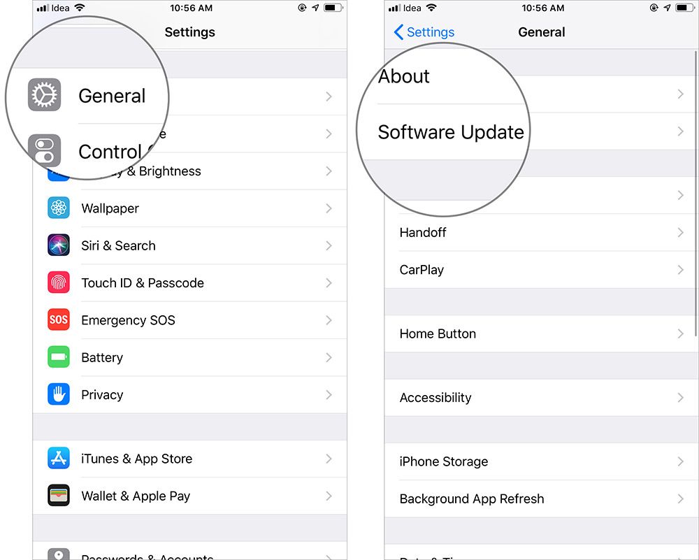 Trykk på Generell og programvareoppdatering i iPhone-innstillinger