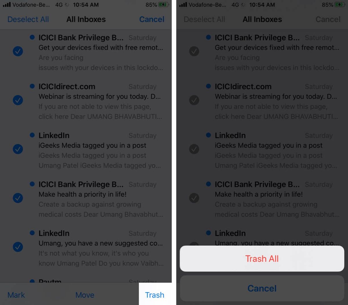 Tocca il cestino per eliminare tutte le email contemporaneamente in iOS 13 su iPhone