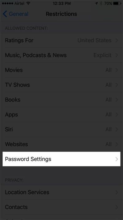 Trykk på Passordinnstillinger på iPhone i iOS 10