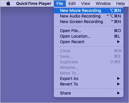 Obriu QuickTime Player, feu clic a Fitxer i feu clic a Nova gravació de pel·lícules