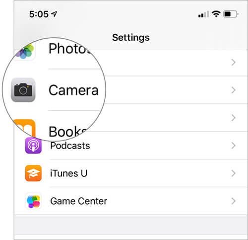 Trykk på Kamera i iOS 13 Innstillinger