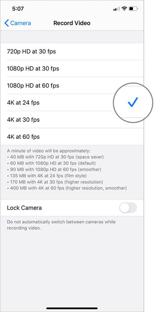 Velg ønsket 4K-oppløsning for å ta opp 4K Selfie med iPhone 11, 11 Pro og 11 Pro Max