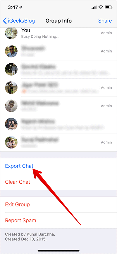 Trykk på Eksporter chat i WhatsApp på iPhone