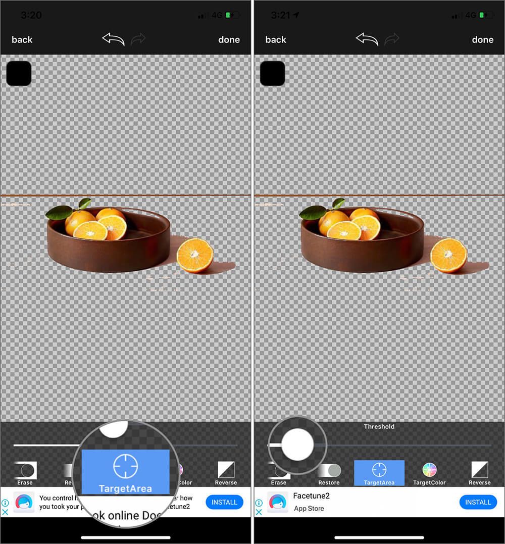 Bruk målområdet verktøy for å fjerne bakgrunnen til et bilde på iPhone med bakgrunnsrader-appen
