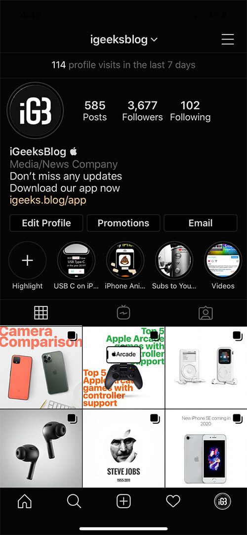Obtenha o modo escuro no Instagram no iPhone no iOS 12