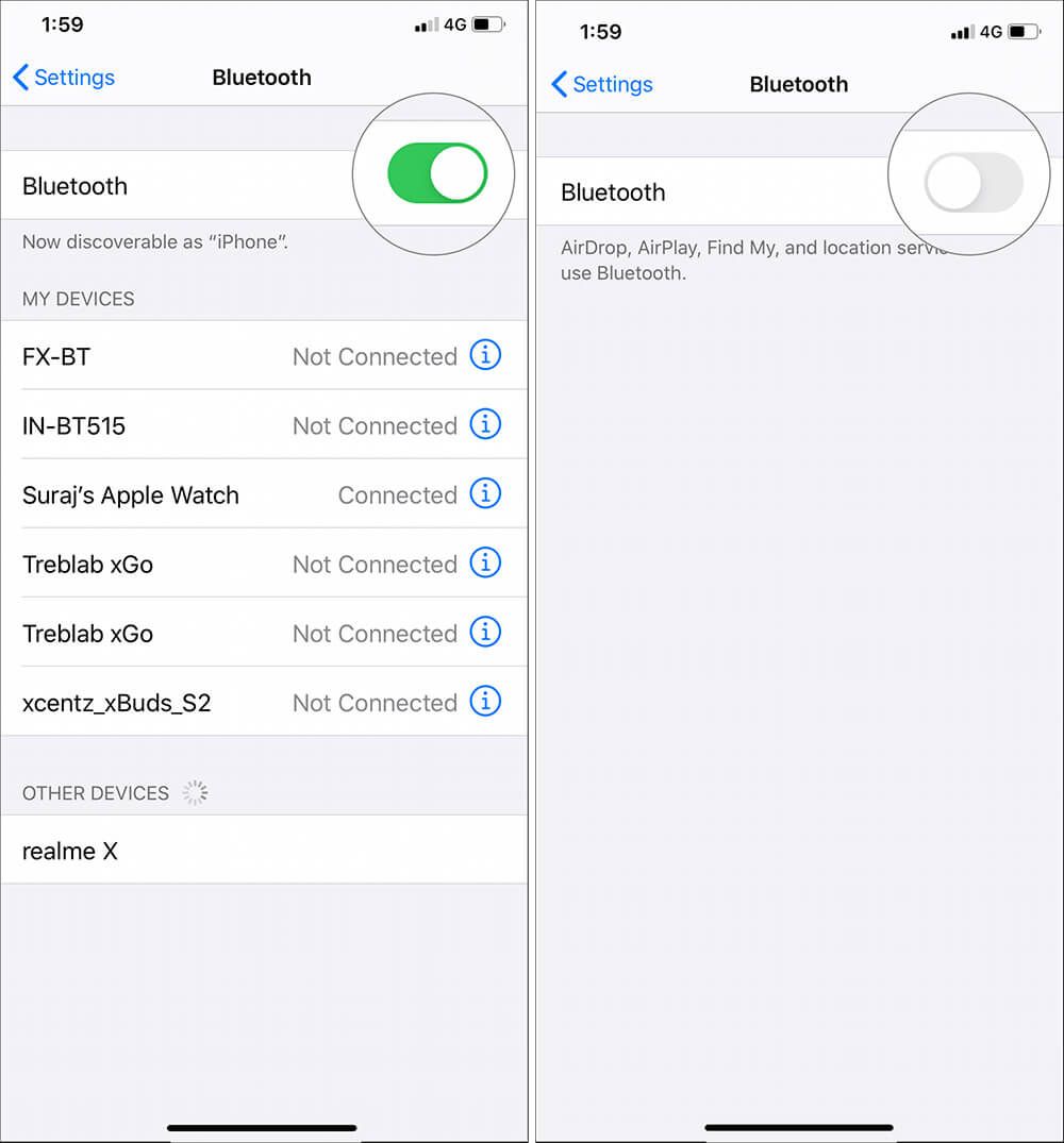 Trykk på Bluetooth Toggle for å slå av i Innstillinger på iPhone