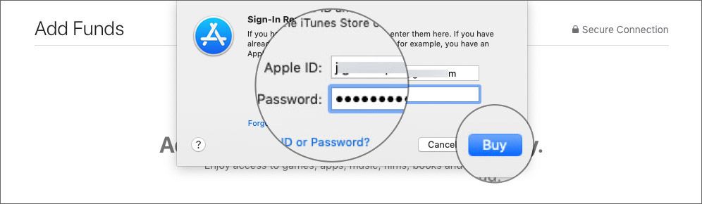 Εισαγάγετε τον κωδικό πρόσβασης Apple ID και πατήστε Αγορά για προσθήκη χρημάτων στο Apple ID σας σε Mac