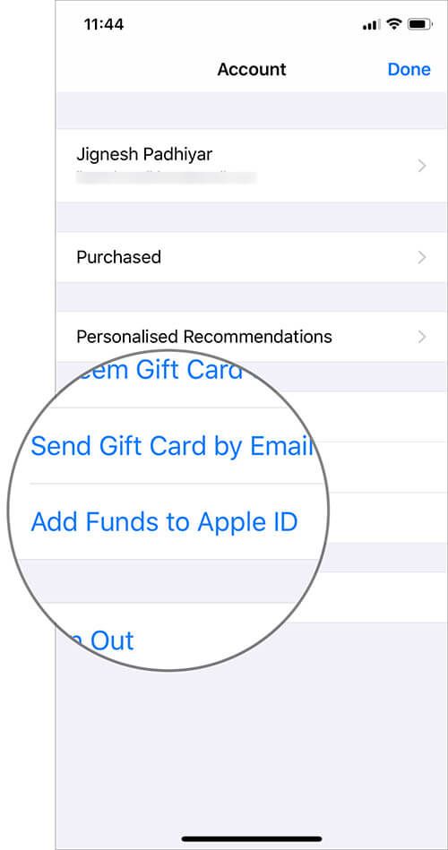Πατήστε Προσθήκη χρημάτων στο Apple ID στο iOS App Store