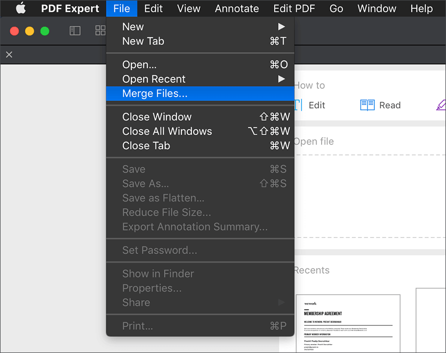Slå sammen PDF-filer på Mac ved hjelp av menyalternativet