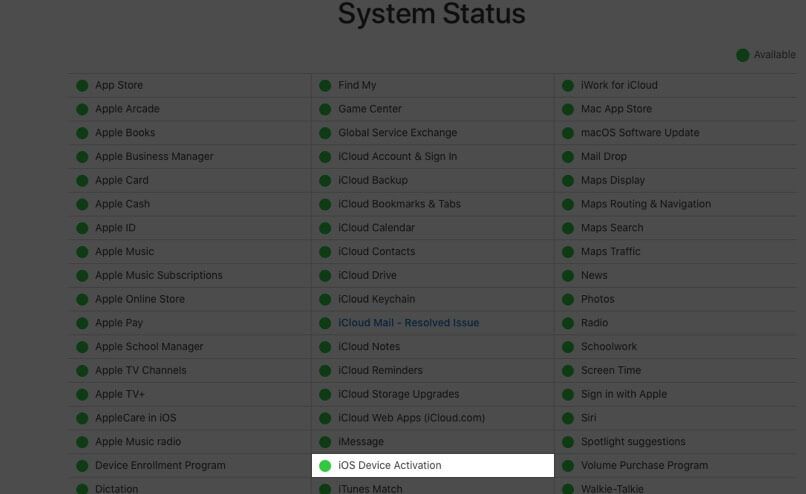 sjekk serverstatus for ios-enhetsaktivering på Apple-nettstedet