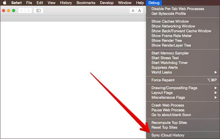 V ponuke Debug prehliadača Safari kliknite na položku Synchronizovať históriu iCloud