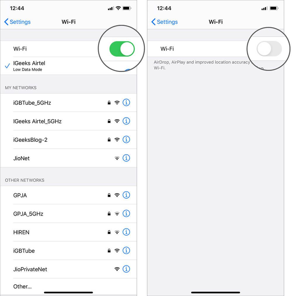 Koble fra Wi-Fi i iOS-innstillingsappen på iPhone