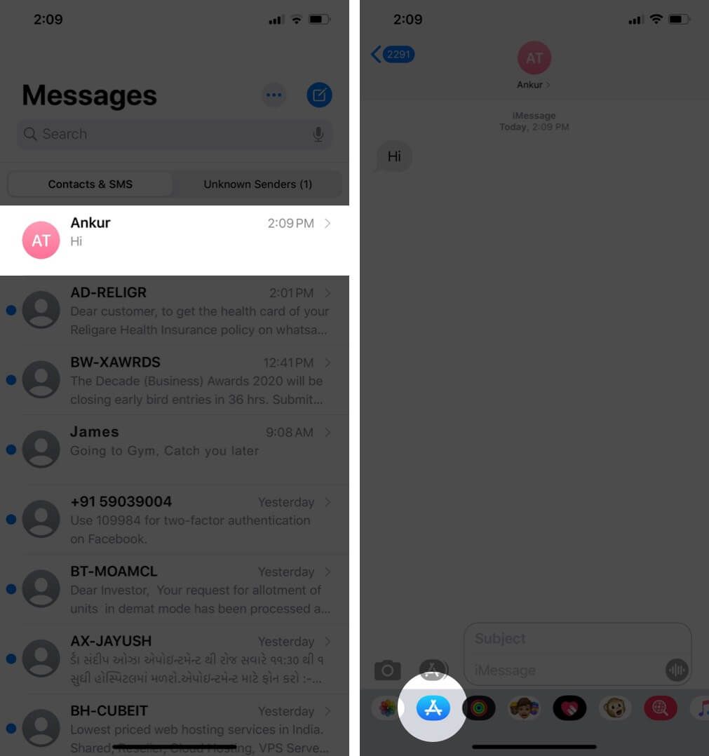 Trykk på samtale og deretter på App Store i Messages App på iPhone