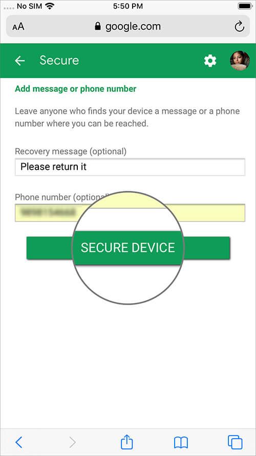 Angi gjenopprett meldingsnummer og trykk for å sikre Android-enheten fra iPhone eksternt