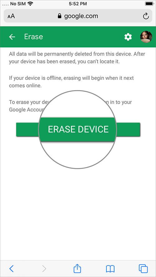 Dodirnite gumb za brisanje uređaja i daljinsko uklanjanje podataka s Android uređaja na iPhoneu